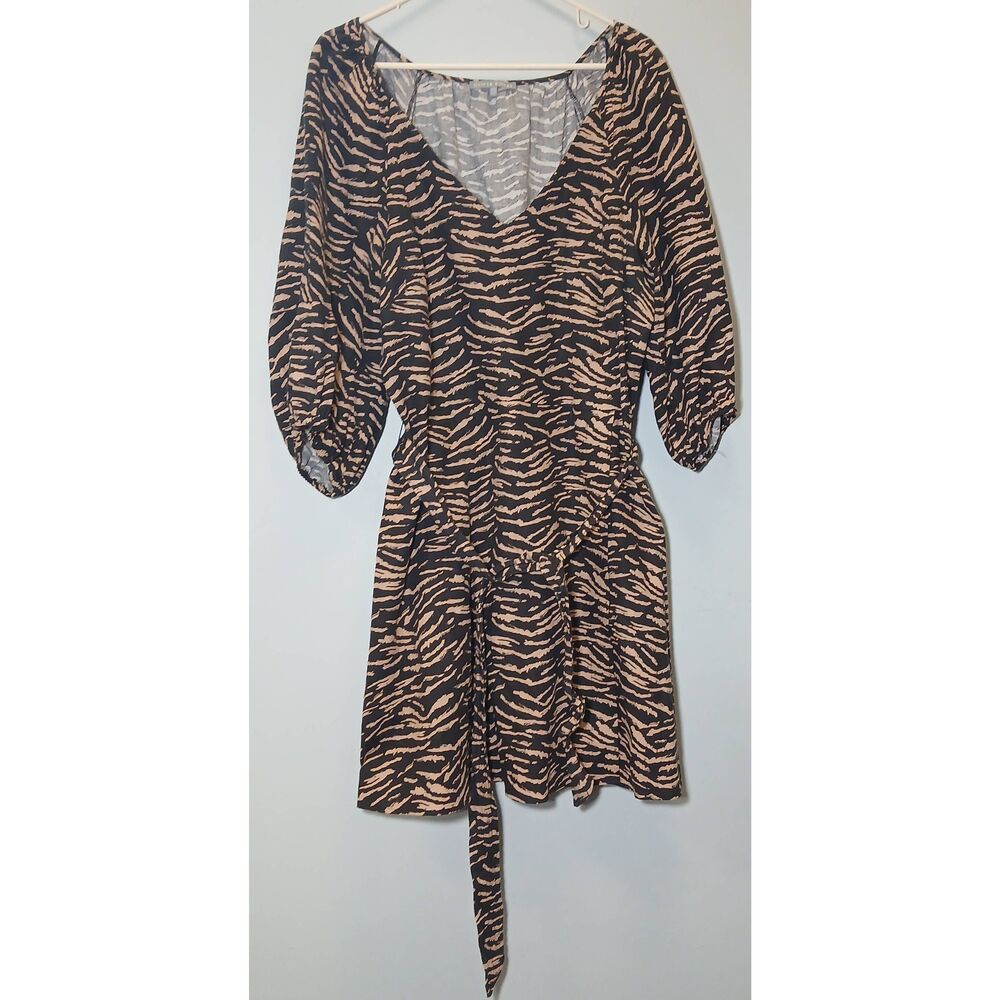 Oliver bonas womens size 12 baloon shift dress linen dress brown animal print